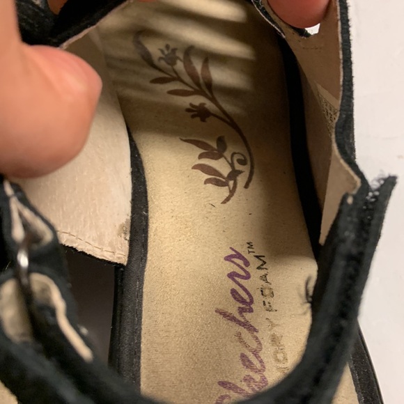 Womens Skechers Parallel Trapezoid Black Suede Wedge Sandals Sz 8 Memory Foam - Picture 4 of 5